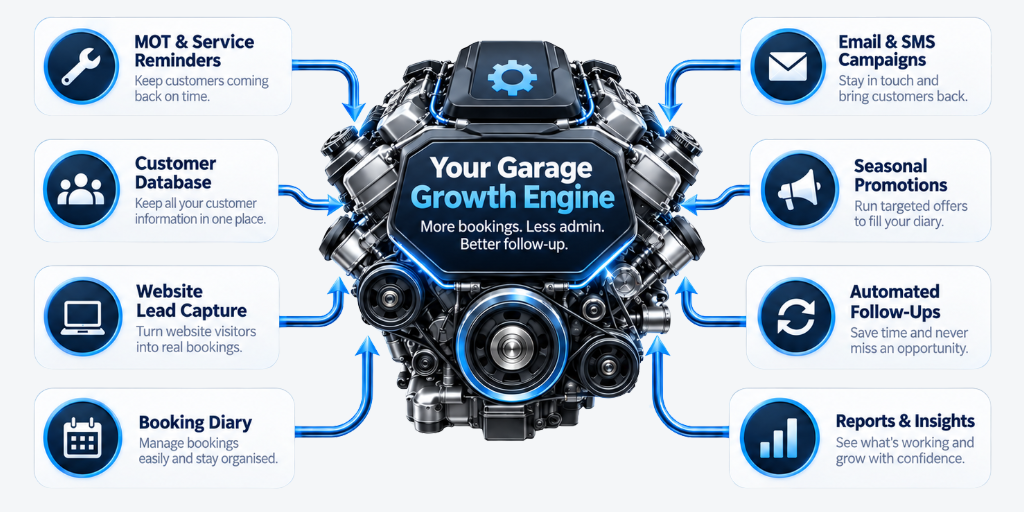 Your garage growth engine with MOT reminders, customer database, website lead capture, booking diary, email and SMS campaigns, seasonal promotions, automated follow-ups, and reports